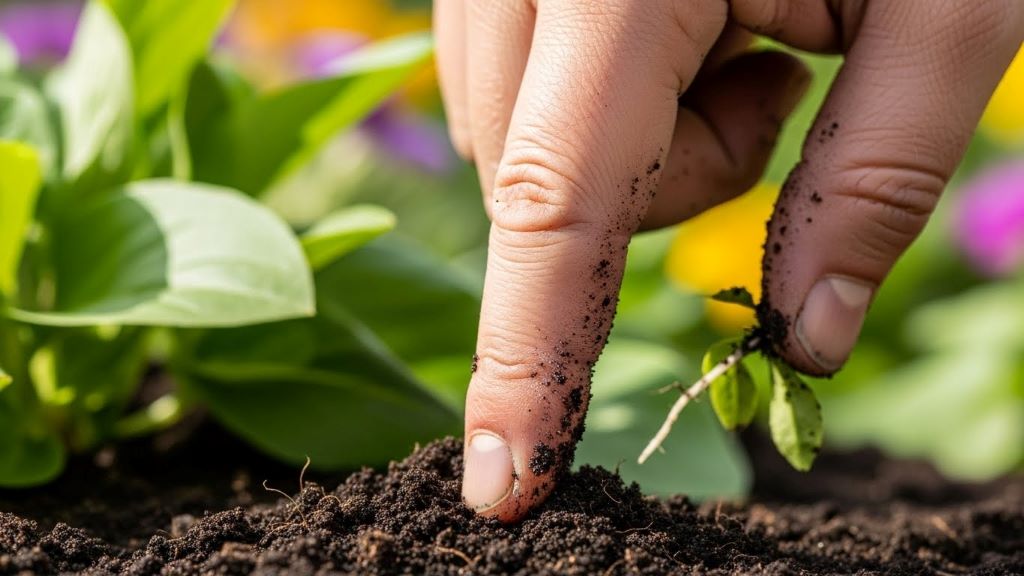 Close-up of hand performing finger test in garden soil to check watering needs