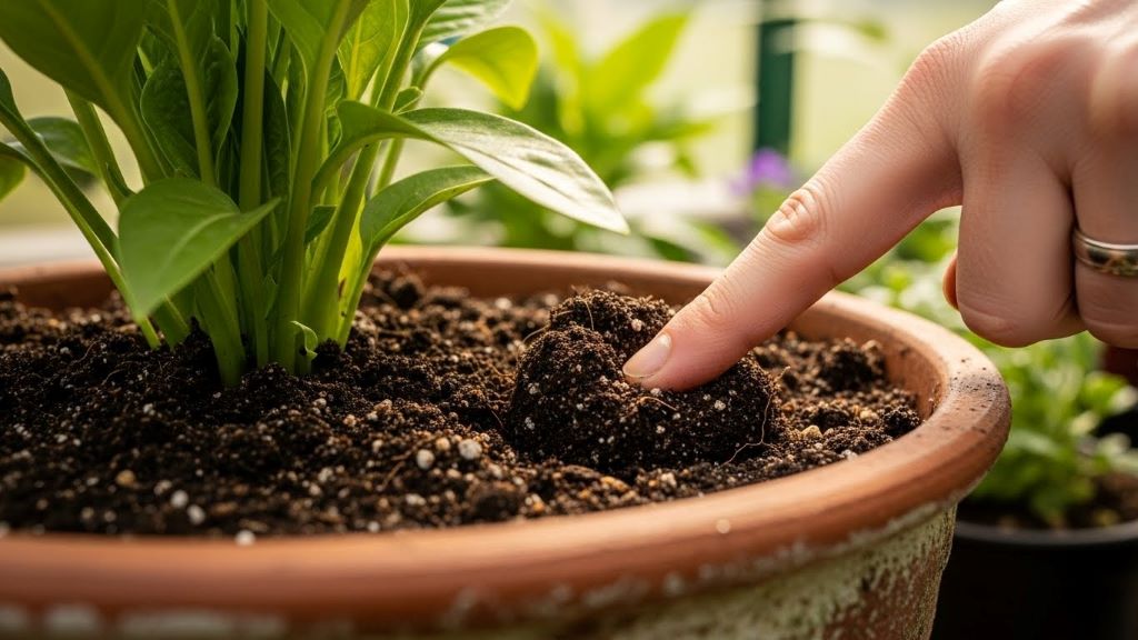 Gardener inserting finger into soil to test moisture level near plant base