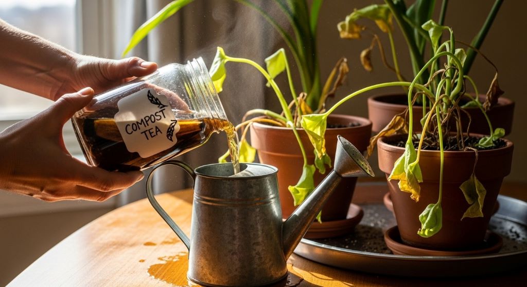 Hands pouring homemade banana peel compost tea from a jar into a watering can next to struggling houseplants showing yellow leaves