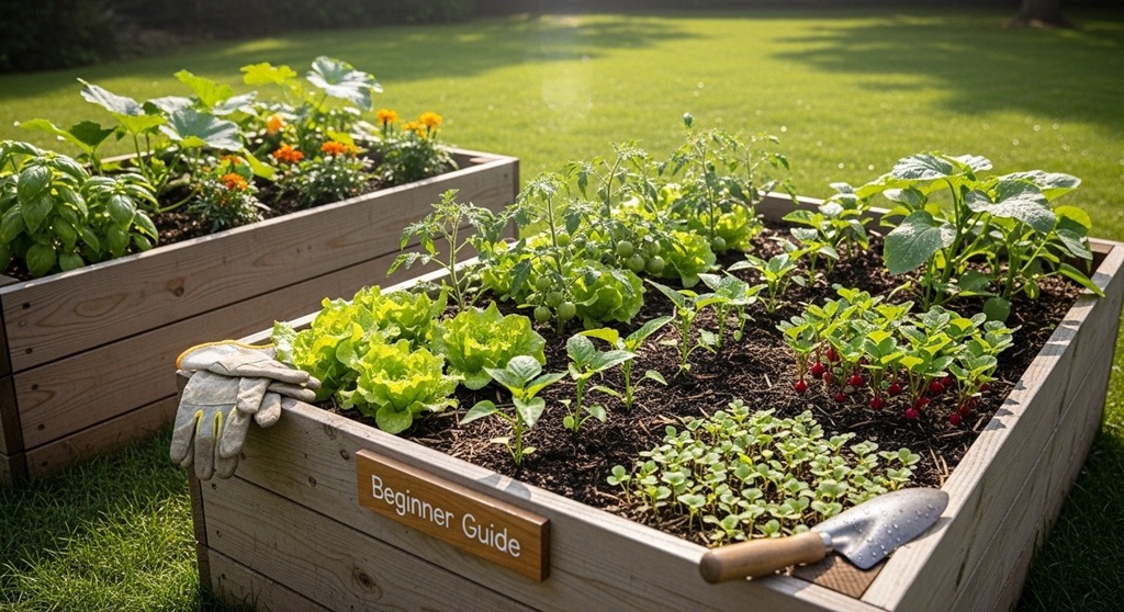 Wooden raised garden bed surrounded by healthy green plants and vegetables.