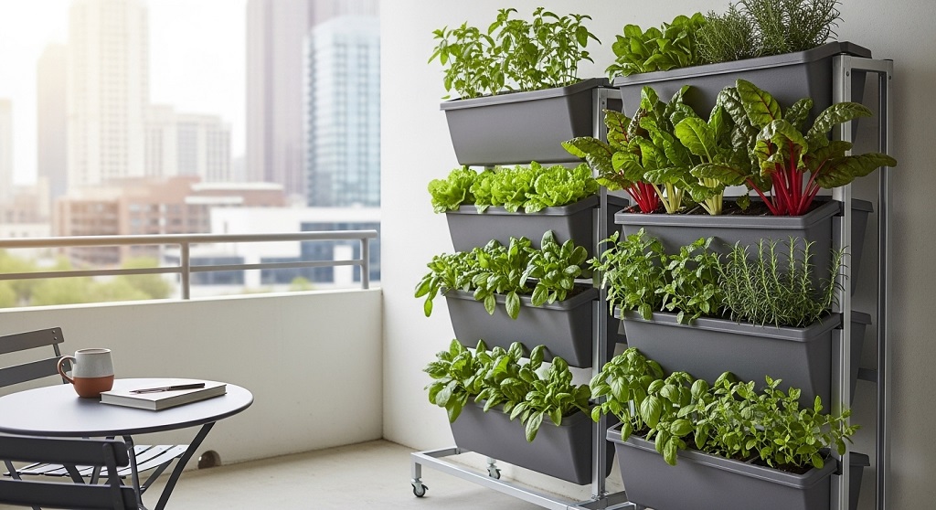Small-space urban vegetable gardening setup on an Atlanta balcony featuring leafy greens.