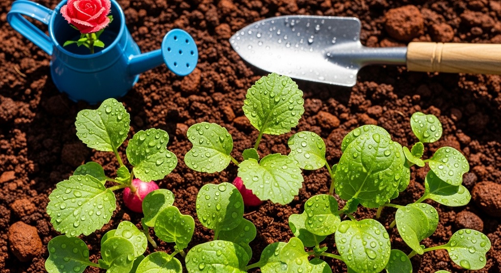 Close-up of quick-harvest vegetable seedlings sprouting in Georgia red clay soil