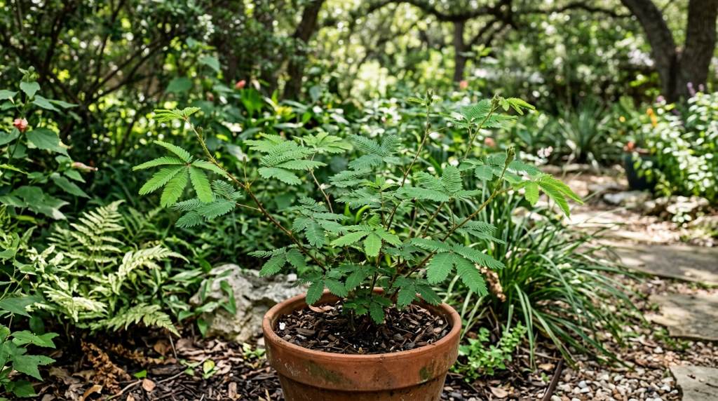 Container-grown Mimosa pudica plant thriving on a patio in Austin sunlight