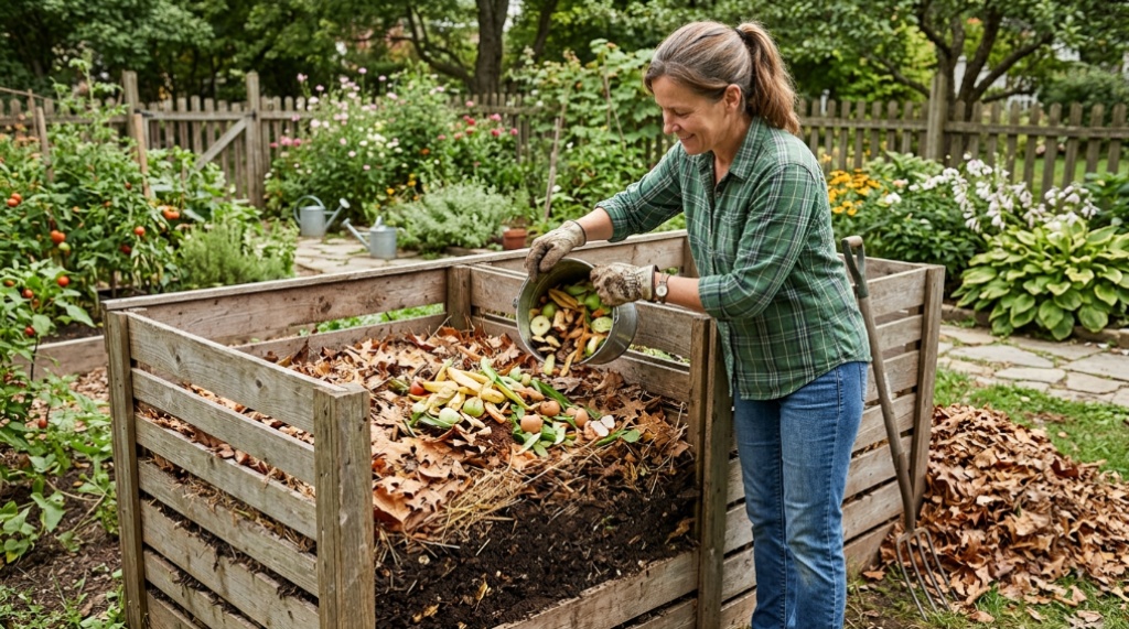 Gardener layering kitchen scraps and dry leaves into a bin.