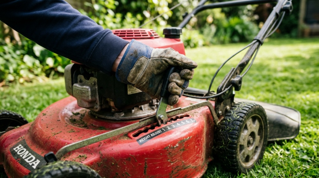 Close-up of hands setting the correct cutting height on a lawn mower.